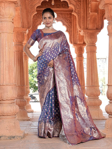 Varanga Purple Cotton Blend Banarasi Saree